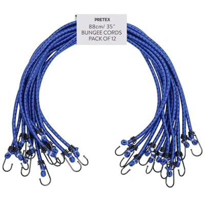 Image of PRETEX Heavy Duty Bungee Cords with Hooks Set of 12 Extra Strong Bungees for Camping &amp; Outdoors Elastic Tie Down Luggage Straps Universal Cord 95 cm (35&quot;) Long, Blue