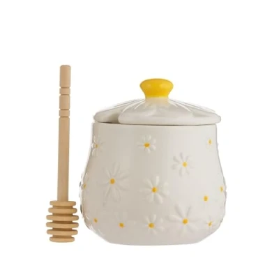 Image of Price &amp; Kensington Daisy Honey Pot Drizzler Ceramic with Embossed 3D Lid Hand Painted Yellow Handle Includes Wooden