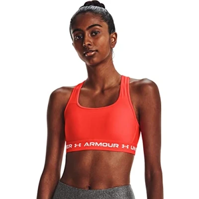 Image of Under Armour Women&#039;s Crossback Mid Impact Sports Bra, Opaque, Phoenix Fire (296)/White, XS