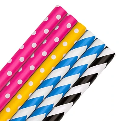 Image of Hallmark Wrapping Paper, Roll Wrap, Pack of 6, 4 Colours, Pink, Yellow, Blue, Black, Polka Dot and Zig Zags, 2M Each