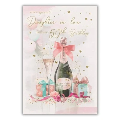 Image of Daughter in Law 50th Birthday Card Age 50 Modern Champagne and Love Hearts Design Special Finishes Illustrated Insert Leaf Made the UK