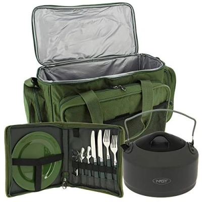 Image of DNA NGT Carp Fishing Camping Green Insulated Carryall with Cutlery Set and Plate &amp; 1.1L Aluminium Kettle