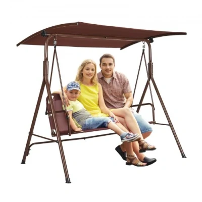 Image of VEVOR 3 Person Patio Swing Chair, Outdoor with Adjustable Canopy, Porch Armrests, Teslin Fabric and Alloy Steel Frame, for Balcony, Backyard, Patio, Garden, Poolside, Brown
