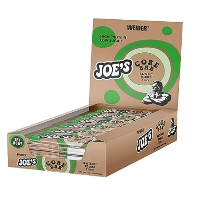 Image of Weider Joe&#039;s Core Bar (12x45g) Hazelnut Nougat. High Protein with Soft and Milk Chocolate Coating, Low Sugar, 32% Protein/Bar, Real Chunks, Optimal in diet/muscle building