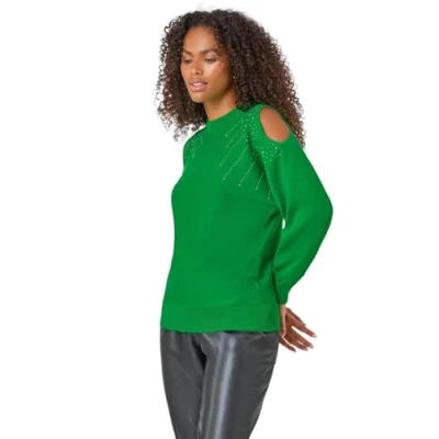 Image of Dusk Womens Sparkle Cold Shoulder Jumper Green Size 10 UK