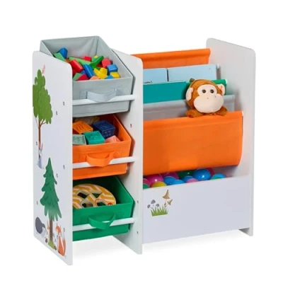 Image of Relaxdays Children&#039;s Shelf with 3 Boxes, 4 Pockets, 1 Compartment, Toy Storage, Forest, HWD: 64 x 30 cm, Colourful, Iron