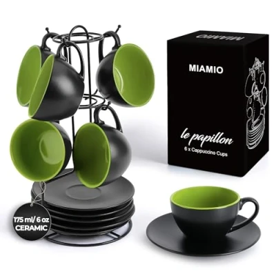 Image of MIAMIO Set of 6, Ceramic Stackable Cappuccino Cups / 175 ml Mugs and Saucer with Metal Stand for Coffee Drinks, Cappuccino, Latte, Americano Tea Le Papillon Collection (Green)