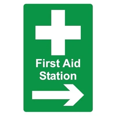 Image of First aid station right arrow safety sign Self adhesive sticker (200mm x 150mm)