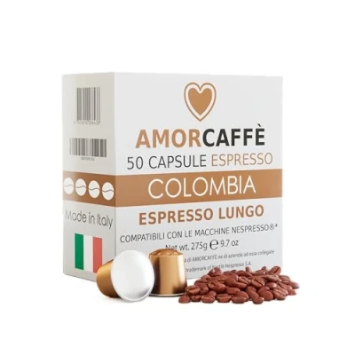 Image of Amorcaffe 50 Aluminium Capsules Compatible with Nespresso Pods Colombia Espresso Lungo