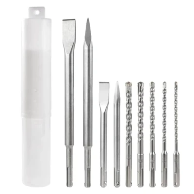 Image of HPMAISON 9Pcs SDS Plus Chisel and Hammer Drill Bit Set, Includes 5 Bit, 2 Flat Chisel, Point Carbide Tipped Masonry Set for Concrete Brick Cement Stone