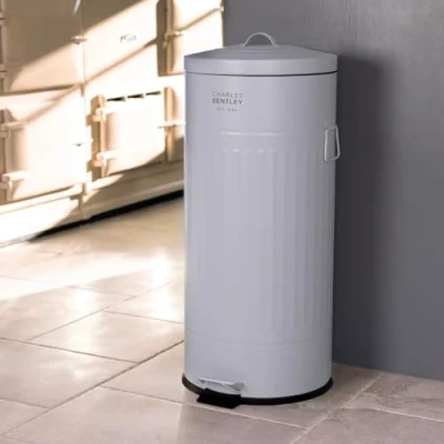 Image of CHARLES BENTLEY Kitchen Bin, 30 Litre, Steel, Round, Retro Style, Pedal Waste Light Grey, Contemporary, Aesthetic, Convenient, Side and Lid Handles, Inner Bucket, Easy Emptying (70x30cm)