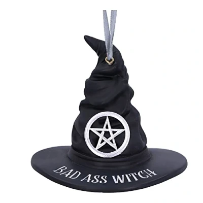 Image of Nemesis Now Bad A** Witch Hat Hanging Ornament 9cm, Resin, Black, Witches Decoration, Halloween, Cast in the Finest Expertly Hand Painted