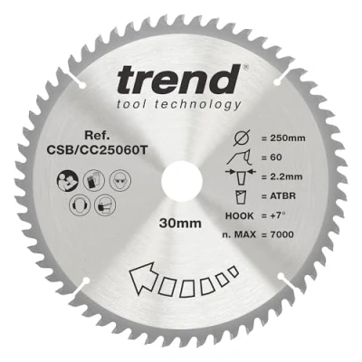 Image of Trend Wood Cordless ATBR Mitre Saw Blade, 250mm Diameter, 30mm Bore, 60 Teeth, TCT, 2.16mm Kerf, +7 Hook, CSB/CC25060T