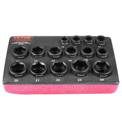 Image of VEVOR 3/8&quot; Drive Impact Socket Set, 15 Piece Ultra Short Set Metric 10 24mm, 6 Point Cr Mo Alloy Steel for Auto Repair, Easy to Read Size Markings, Rugged Construction, Organizer