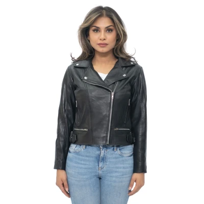 Image of Ladies Womens Black Real Leather Fitted Vintage Biker Style Zip Fashion Jacket 5XL