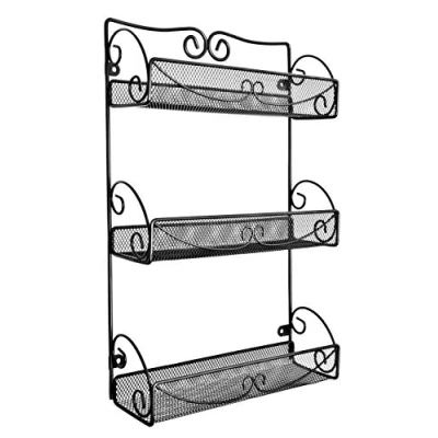 Image of Amtido Spice Rack 3 Tier Wall Mounted Seasoning Storage Organiser Inside Kitchen Cupboard Door for Herbs and Spices Jars Metal Mesh Bronze