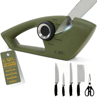 Image of KARV Knife Sharpener Forest Green 5 Stage Professional Kitchen Sharpeners for All Knives Non Slip Base &amp; Ergonomic Handle, Sharpen Straight Edge Serrated Blades Chef