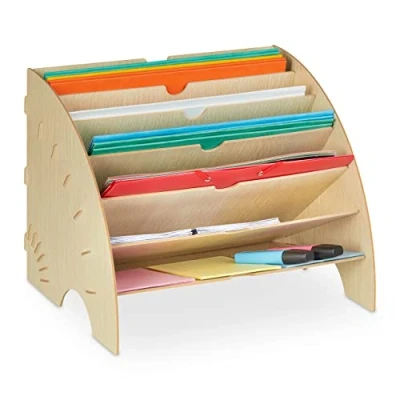 Image of Relaxdays Document Tray, 6 Compartments, DIN A4, HxWxD: 27 x 34 cm, School, Office Organiser, MDF, Beige, 100% fibreboard