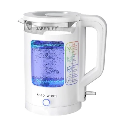 Image of GABERLEE Electric Kettle, 1.7L, 3000W Fast Boil Quiet Glass Kettle with Blue LED, Auto Shut Off and Dry Protection, Mesh Filter, Keep Warm Function, BPA Free, White