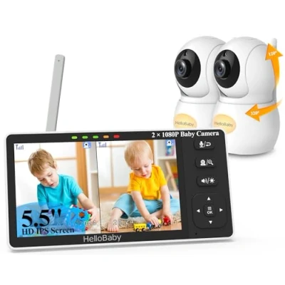 Image of HelloBaby Baby Monitor 2 Cameras with 1080P Camera, 5.5’’ Split Screen Camera and Night Vision, No WiFi, Pan Tilt Zoom,Night Light,1000ft Range,Two Way Audio,Temperature Display