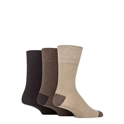 Image of Mens 3 Pair Gentle Grip Cotton Argyle Patterned and Striped Socks Contrast Heel Toe Brown / Natural 6 11