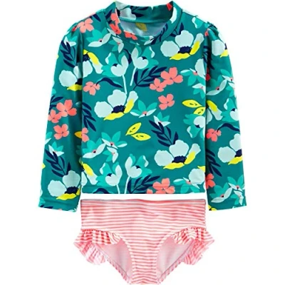 Image of Simple Joys by Carter&#039;s Baby Girls&#039; 2 Piece Assorted Rashguard Sets Rash Guard, Green Floral/Pink Stripes, 4 Years