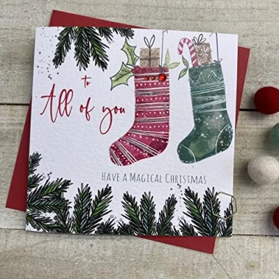 Image of WHITE COTTON CARDS TO ALL OF YOU 2 STOCKINGS CHRISTMAS CARD, HANDMADE (C22 95 &amp; XC22 95)