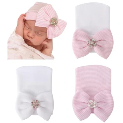 Image of DRESHOW 3 Pcs Newborn Hospital Hat Infant Baby Cap with Big Bow Soft Cute Knot Nursery Beanie
