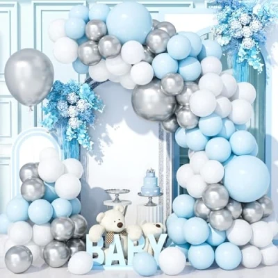 Image of Teselife 137Pcs Blue Silver White Balloon Arch Kit, Pastel Metallic Party Balloons Garland Kit for Birthday Baby Shower Wedding Anniversary Carnival Decorations Supplies