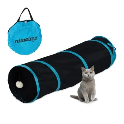 Image of Relaxdays Foldable Cat Tunnel, Pet Toy with Ball, Interactive Play, Pop up Function, WxD: approx. 88 x 25 cm, Black, Polyester, cm
