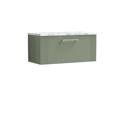 Image of Retro 1 Drawer Wall Hung Vanity Unit with Carrera Marble Laminate Worktop 800mm Satin Green Balterley