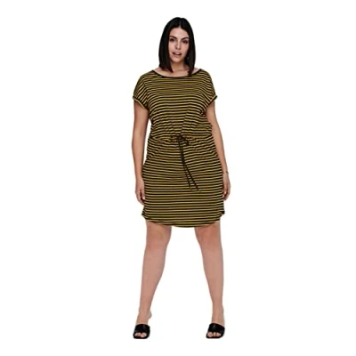Image of ONLY Carmakoma NOS Women&#039;s Carapril Ss Knee Dress Noos, Stripes: Double Yolk Yellow Black, L 50/52