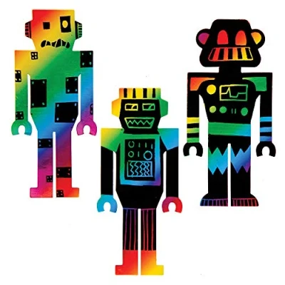 Image of Baker Ross AT682 Robot Scratch Art Bookmarks Pack of 10, Rainbow Paper with Stylus for Kids to Decorate in Arts and Crafts Activities
