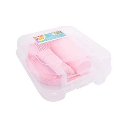 Image of YöL Pink 30pc Picnic Set Plastic Reusable Camping Summer Party BBQ Plate Cup Cutlery Caravan Tumblers Tableware with Carry Case Portable