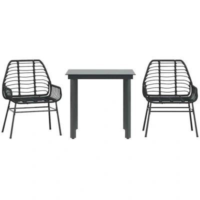 Image of vidaXL 3 Piece Garden Dining Set Black Poly Rattan Glass