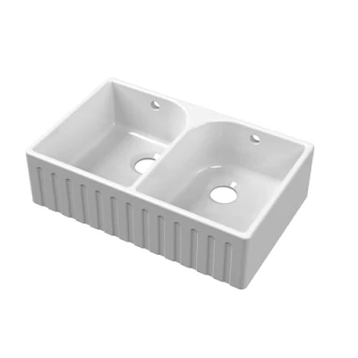 Image of White Fireclay Kitchen Double Bowl Fluted Front Butler Sink with Full Weir 795 x 500 220mm