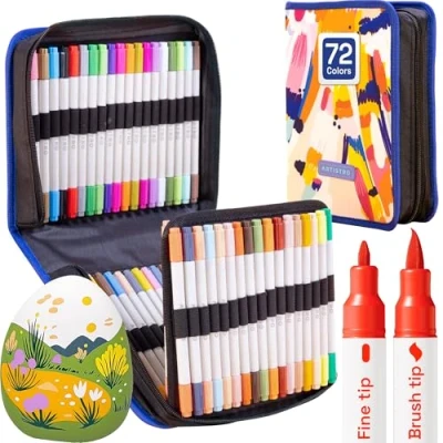 Image of ARTISTRO Acrylic Paint Pens, Art Set Markers Dual Tip, for Fabric, Canvas, Rock, Glass, Wood, Paper, DIY, Markers, Multicolor (Dual Tip Brush + Fine, 72)