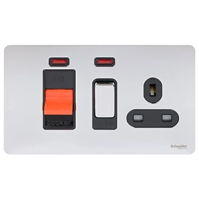 Image of Schneider Electric Ultimate Screwless Flat Plate Switched Cooker Control Unit with Single Power Socket, Double Pole, Neon indicator, 45A, GU4401BPC, Polished Chrome Black Insert