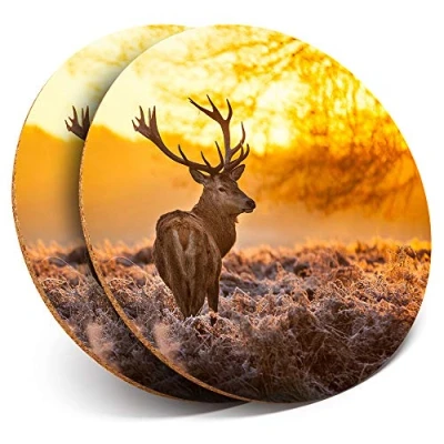 Image of 2 x Round Coasters Winter Deer Stag Snow Scotland Cork Backed Home Kitchen Accessory Tea Coffee Mug Mat #8110