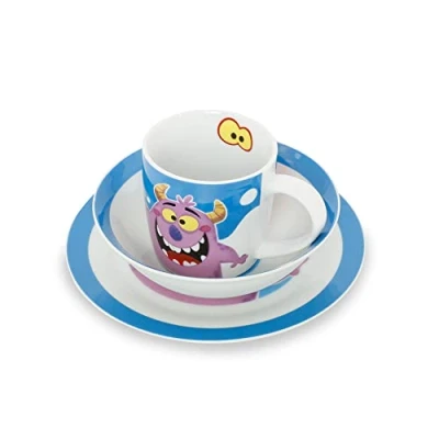 Image of GREENBOX Porcelain Children&#039;s Crockery Set I Breakfast 3 Pieces Dishwasher Safe Cup Plate Bowl with Motif Gift Ideas for Children Funny Tableware Monster Image