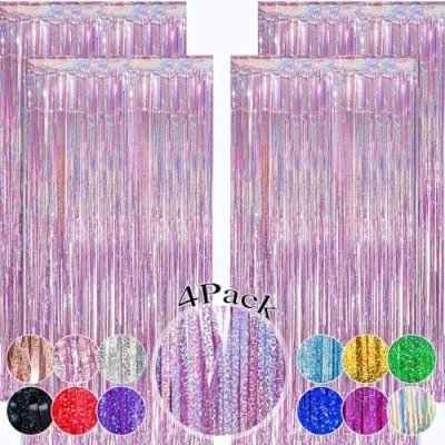 Image of Metallic Tinsel Curtain Pink Glitter OEMG 4Pack 3.3x8.2FT Foil Fringe Curtain, Party