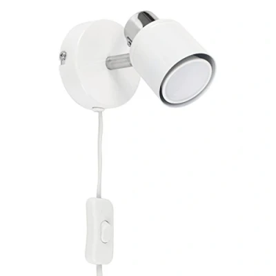 Image of MiniSun Modern White and Chrome Single Adjustable Wall Spotlight with Practical Plug, Cable Switch