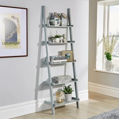 Image of Home Source Ladder Bookcase Shelving Unit Display Ornament Stand Shelf Wall Rack Storage, Grey, 5 Tier