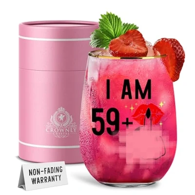 Image of CROWNLY CRYSTAL® 60th Birthday Gifts for Women Stemless Wine Glasses Decorations Personalised Grandma Gift Ideas Elderly