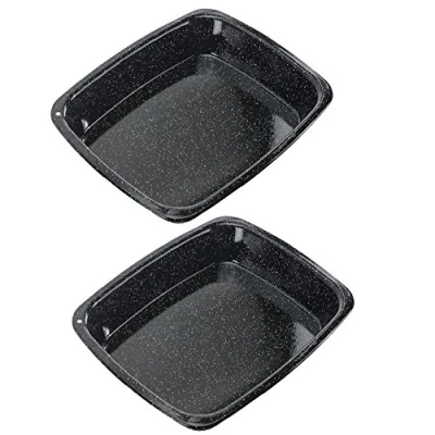 Image of SPARES2GO White Speckled Vitreous Enamel Deep Roasting Tin Oven Baking Tray (Pack of 2) 33cm x 27.5cm 5cm