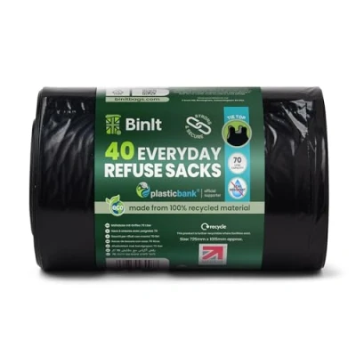 Image of Bin IT 40 Tie Top, Everyday Refuse Sacks, Bags, Liners, 70 Litre, Recycled, Strong, Tear Resistant, 30 μm, Perfect for Every Day Use, Household, Office, Kitchen &amp; Caterers