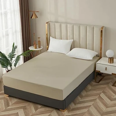 Image of Ray Bedding &amp; Linen 40cm Deep Single Fitted Sheet 100% Egyptian Cotton 400 Thread Count Extra Bed Sheets Super Soft Breathable Hotel Quality Sheet, Natural
