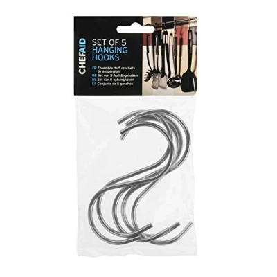 Image of Chef Aid Stainless Steel S Style hanging Hooks pack of 5, For kitchen, bathroom and all around the Home, They hold Cooking Utensils Pans