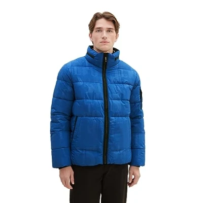 Image of TOM TAILOR Men&#039;s Puffer Jacket with Removable Hood, 32830 blue Tonal Big Wording Design, XL