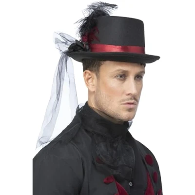 Image of Smiffys Vampire Top Hat with Veil &amp; Feathers, Halloween Fancy Dress Accessory, Day of The Dead Up Hats